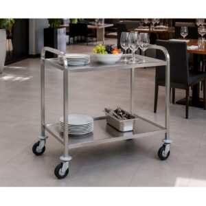 Gheridon din inox pentru servire HoReCa amplasat pe terasa unui restaurant modern.