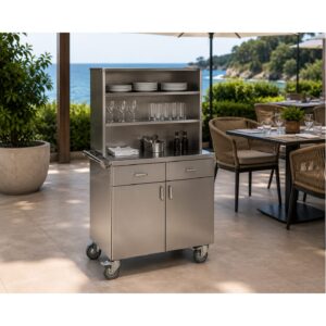 Gheridon profesional din inox pentru organizarea veselei pe terasa unui restaurant.