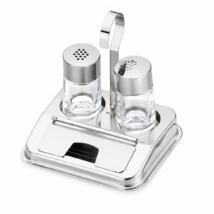 Set sare și piper Giorinox Italia cu recipiente din sticlă, capace din inox și suport inox, ideal pentru restaurante și hoteluri.